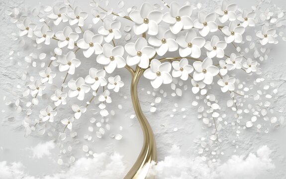 Drzewo abstrakcja białe kwiaty efekt 3d